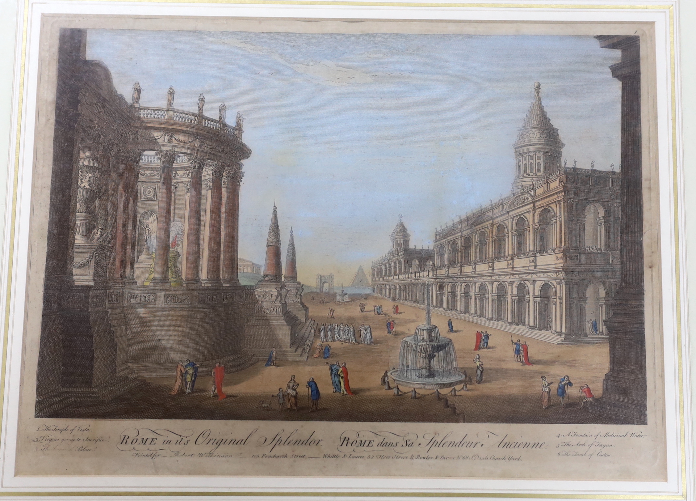 After Giovanni Paolo Panini (Italian, 1691-1765), four hand coloured engravings, Views of Ancient Rome, publ. Whittle & Laurie, 29 x 40cm